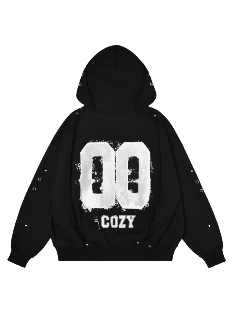 Trendige Kapuzenjacke mit amerikanischem Retro-Print, locker geschnitten, lässig, mit Metallverzierungen.