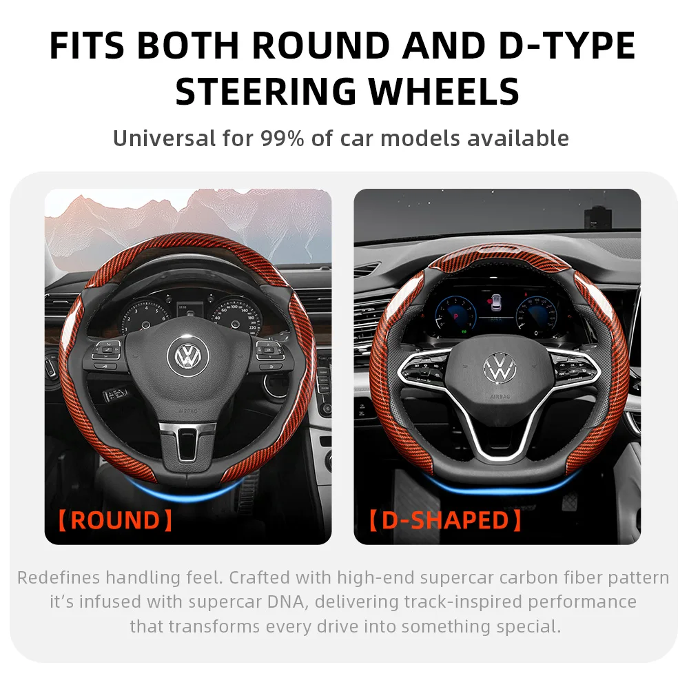 Suitable for Volkswagen Sports Carbon Fiber Texture Steering Wheel Cover Snap-On Type Tiguan Golf T-Roc Polo Passat Jetta Id.3 Id.4 Atlas Teramont Taos T-Cross Taigo Touran Car Interior Accessories Protective Shell