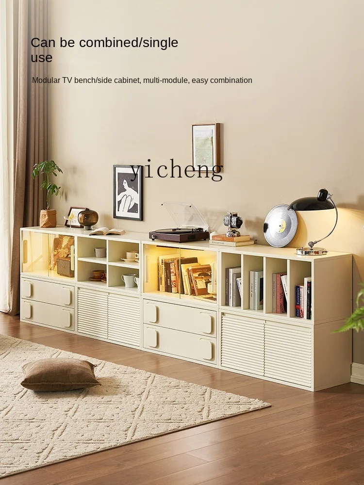 Tqh Solid Wood TV Cabinet Cream Style Module Assembled Cabinet Small Apartment Living Room Floor Standing Storage Cabinet