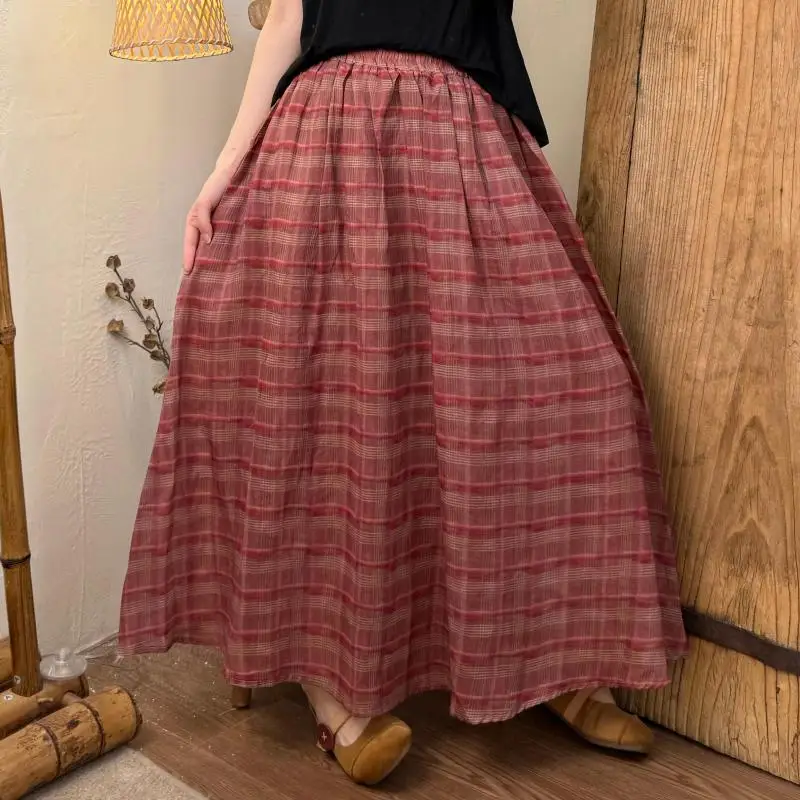 

New Spring Summer Arts Style Women Elastic Waist Loose A-line Skirt Vintage Print Cotton Linen Long Skirts Good Quality TH07