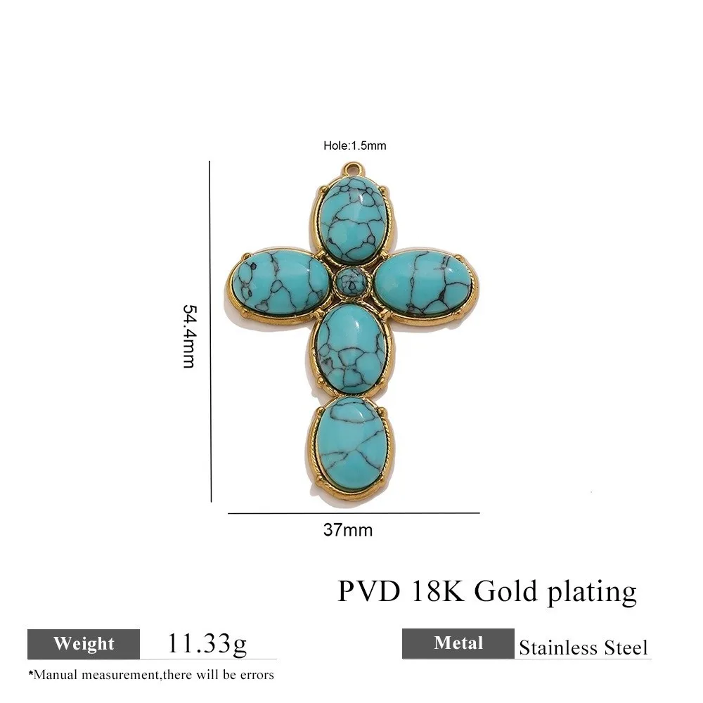 Oval Shape Gemstone Cross Pendant DIY Accessories Vintage Crack Natural Stone Pendant Distressed Gold Plated Necklace Pendants