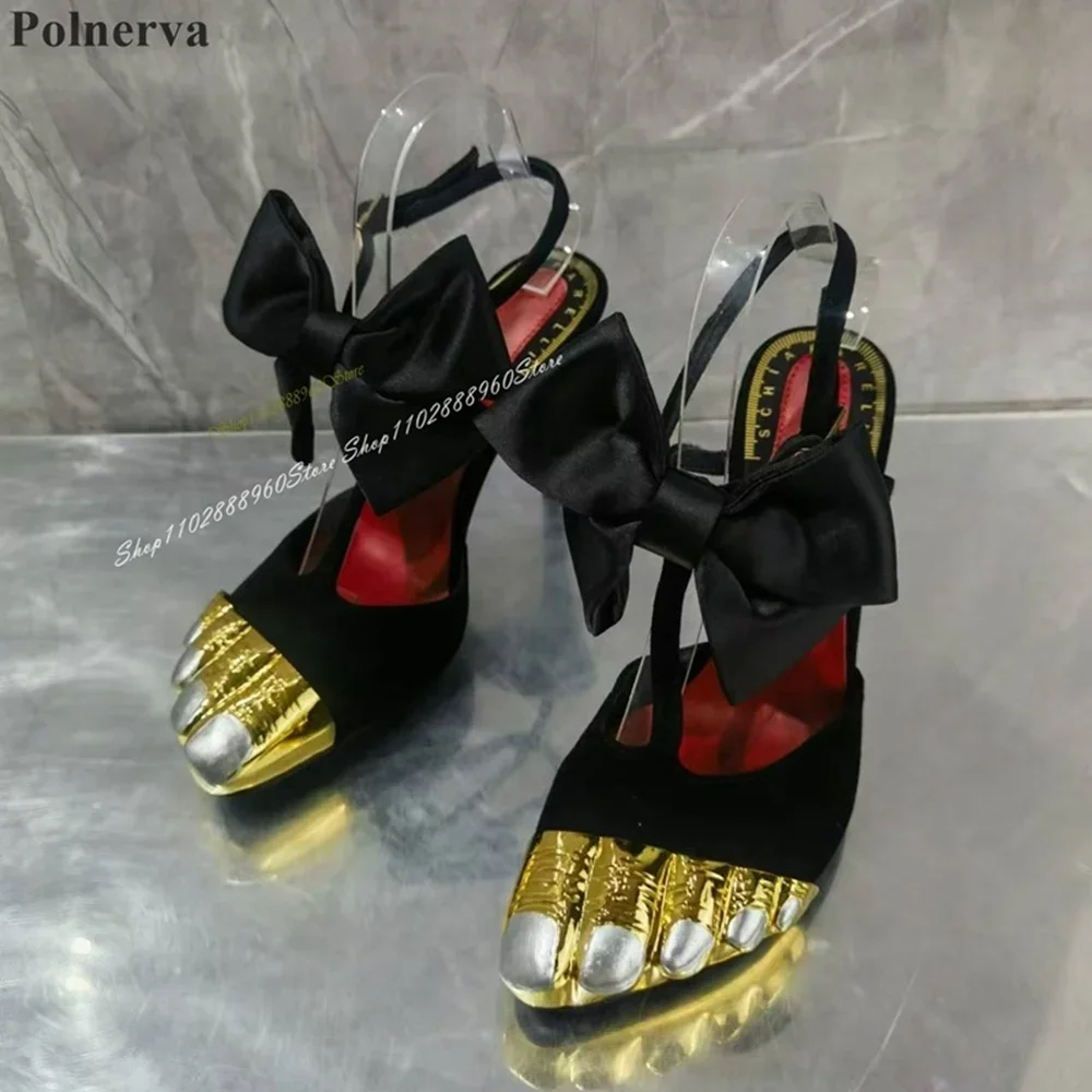 

Black Bowknot Decoration Thumbs Sandals Thin High Heel Women Shoes Ankle Buckle Strap Metallic Toe 2025 Sexy Zapatos Para Mujere