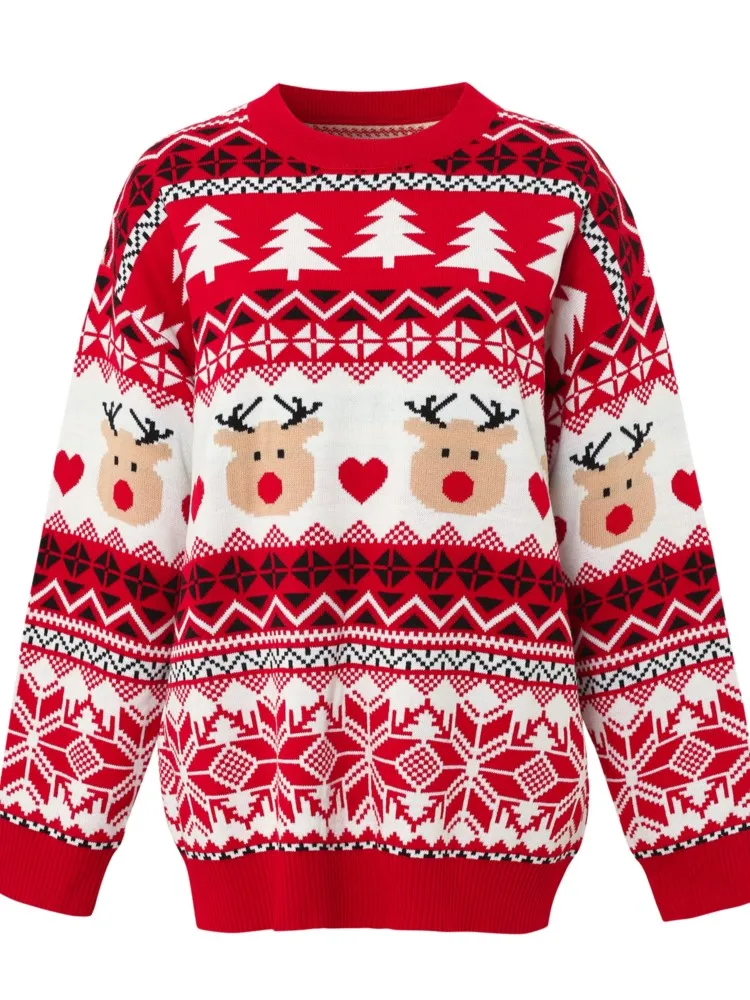 

Winter Christmas Knit Sweater For Women Fashion Print Long Sleeve O Neck Pullovers Tops Lady Holiday Party Women's Clothing New