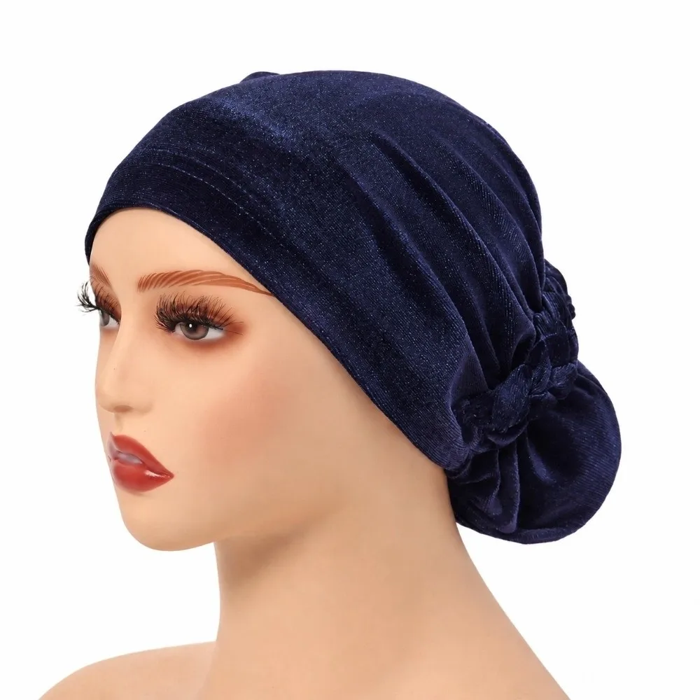 Solid Color Velvet Turban Hat Soft Elastic Plated Finish Muslim Headscarf Cap Braided Texture Breathable Instant Hijab Bonnet