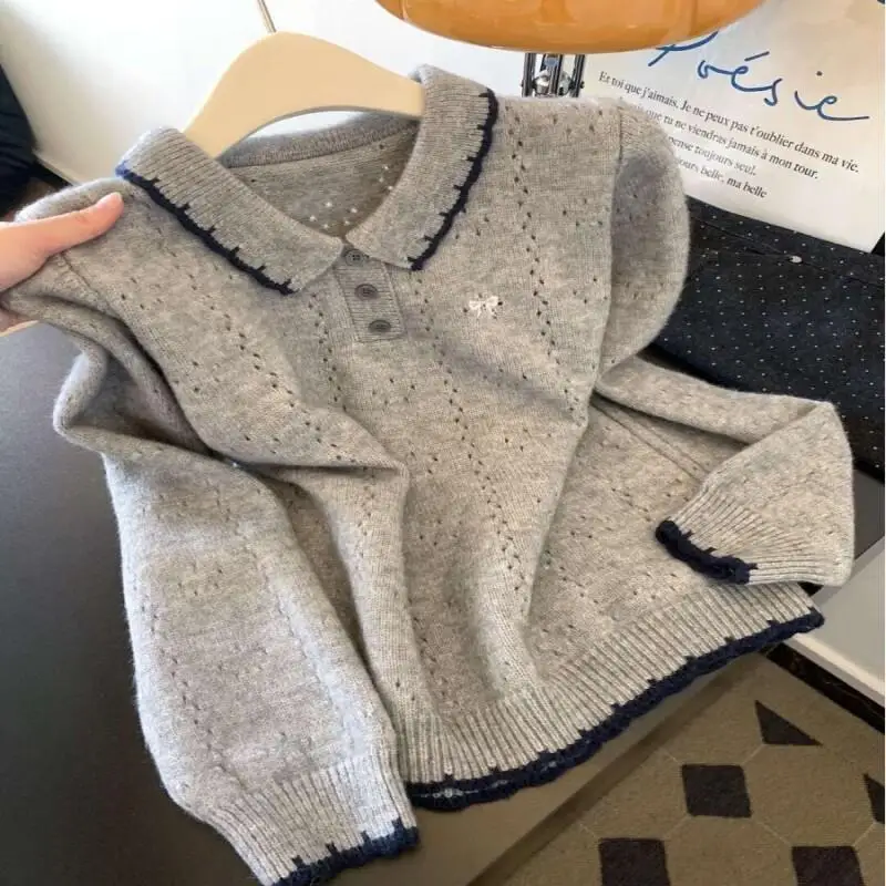 เสื้อสเวตเตอร์คอปกสีตัดกัน สไตล์เรโทรคลาสสิก หรูหราเบาๆ ใส่สบายๆ สำหรับกิจกรรมกลางแจ้ง ใช้ได้ทุกวัน ทรงหลวม ดูสดใส น่ารัก และมีเอกลักษณ์