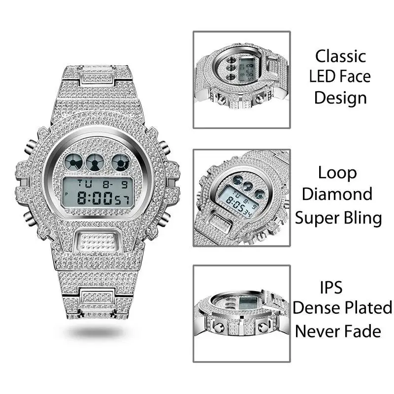 Orologio di lusso con diamanti per uomo moda multifunzione giappone movimento digitale orologio Sport Full Steel Waterproof Luminous Relojes