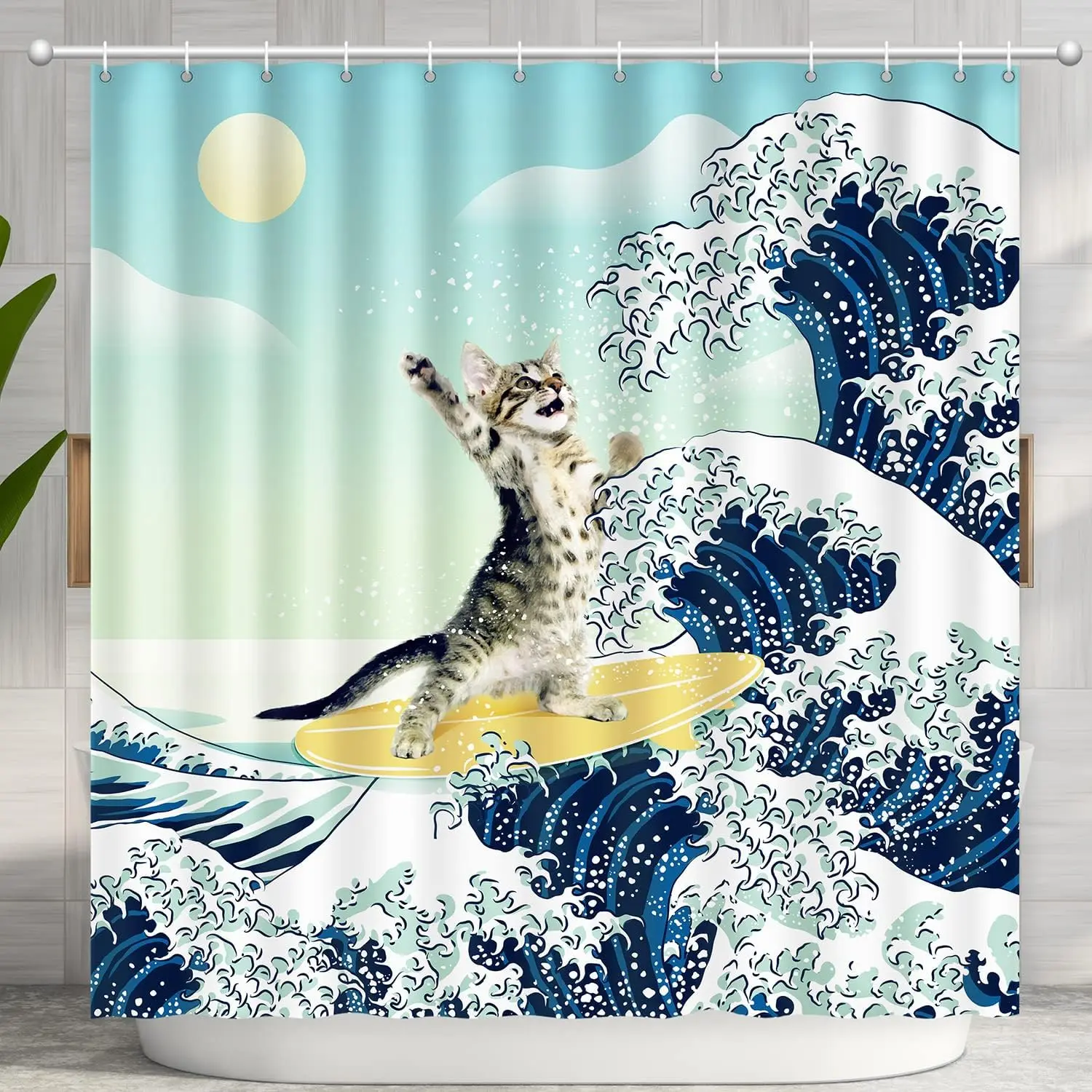 

Дизайн занавески для ванной комнаты «Surf Cat», вдохновленная «Канагава Цунами». Это изготовлен из водонепроницаемой ткани.