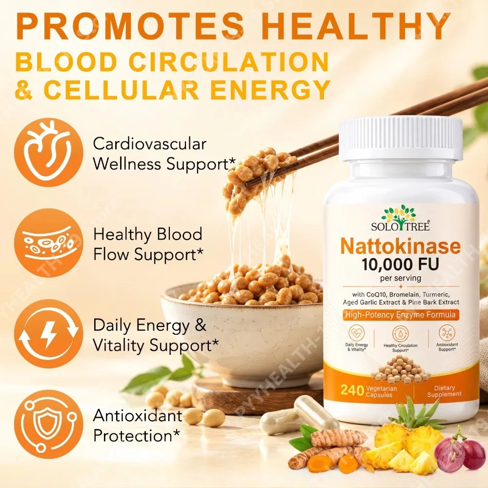 Nattokinase 10,000 FU Capsules Supports Healthy Blood Circulation, Cardiovascular Wellness & Antioxidant Protection, 240 Count