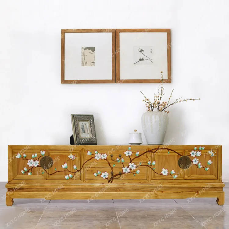 Solid wood TV cabinet New Chinese log retro painted audio-visual cabinet
