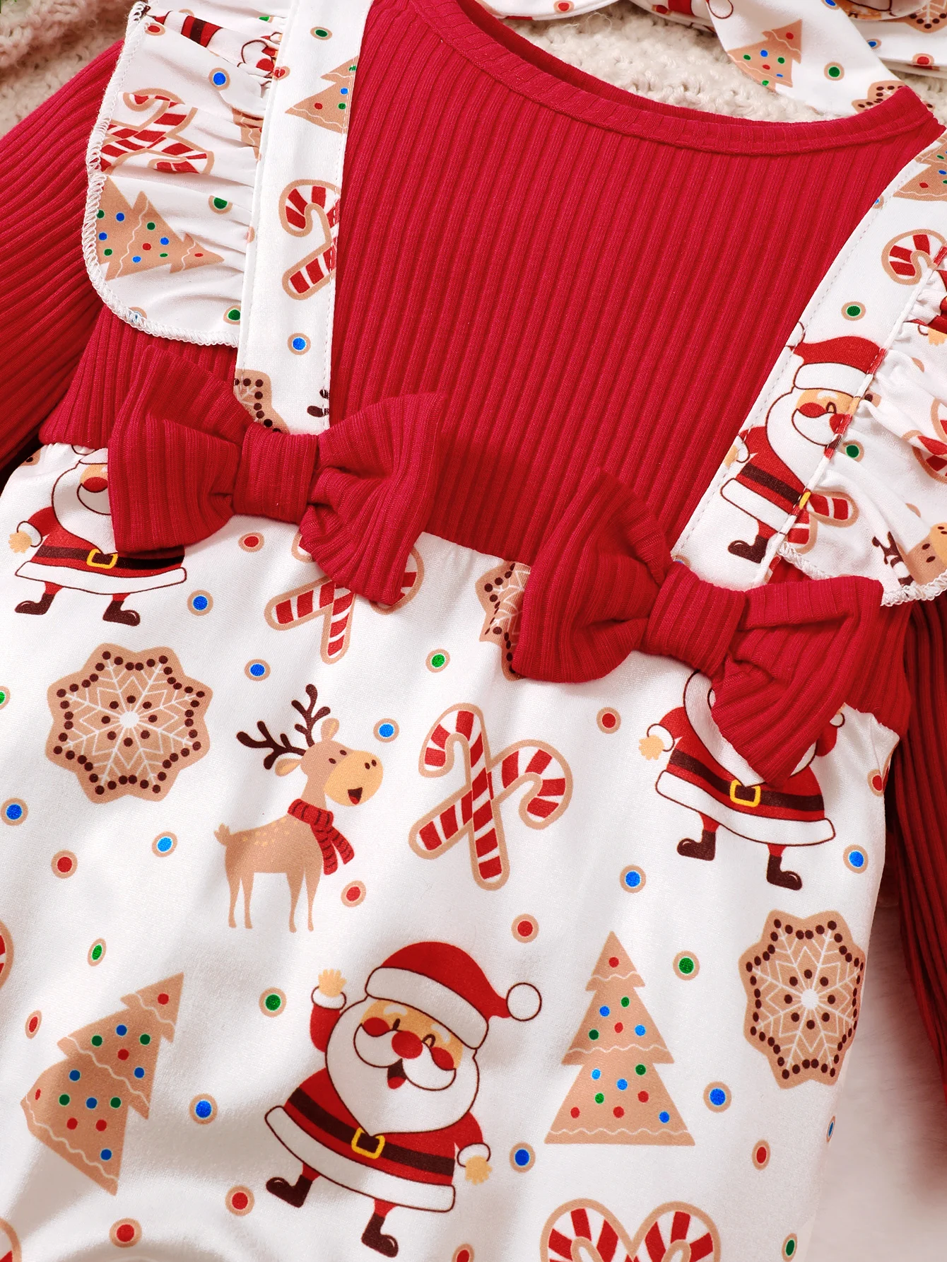 Summer  0-1 Years  Old  Infant  Baby  Girls  Santa Claus Print   Long  Sleeved  Pit  Strip   Jumpsuit  With   Hairband