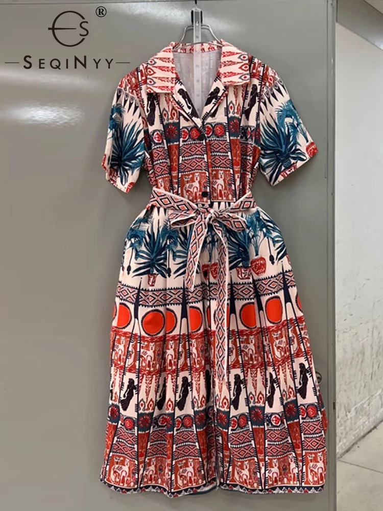 

SEQINYY Casual Shirt Dress Summer Spring New Fashion Design Women Runway Vintage Flower Print High Street Belt Elegant