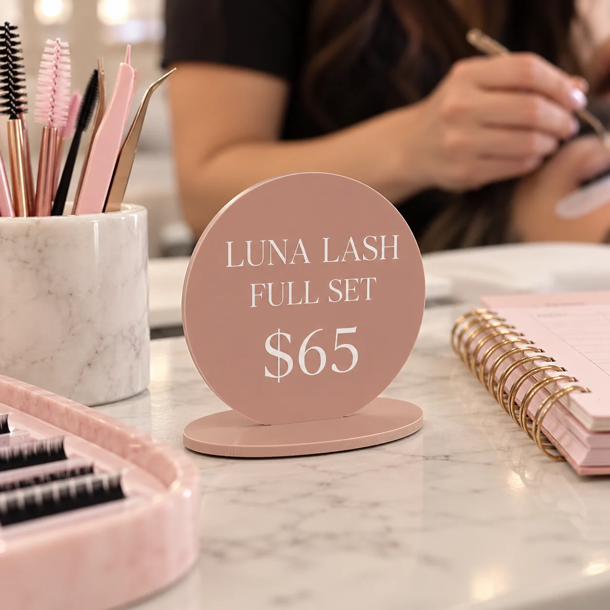 Custom 5pcs Round Acrylic Table Signs Personalized Business Name Price Display For Lash Salon Counter Studio Grand Opening Gift