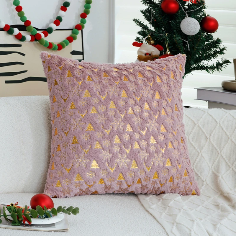 Pink Plush Christmas Elk Cushion Cover Hot Stamping Pillow Cover 45*45cm 30*50cm Christmas Supplies for Living Room Sofa Party