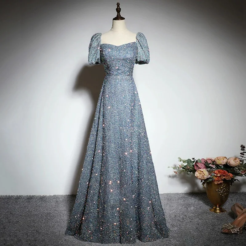

2026 New Dress Women's Sequined Square Neck Evening Gown Fashionable Slimming Elegant Banquet Art Examination Long Dress