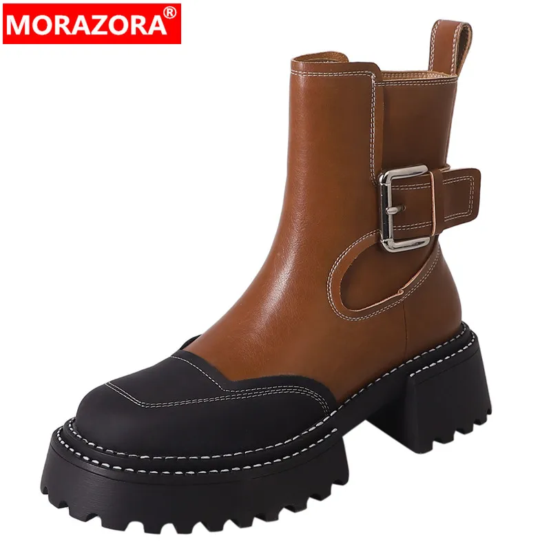 

MORAZORA 2024 New Mixed Colors Genuine Leather Boots For Women Cool Zipper Platform Ankle Boots Square High Heels Autumn Boots