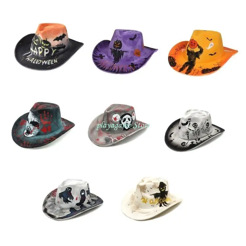 Y88A Stylish Halloween Skull Cowboy Hat Fashionable and Eye-catching Graffiti