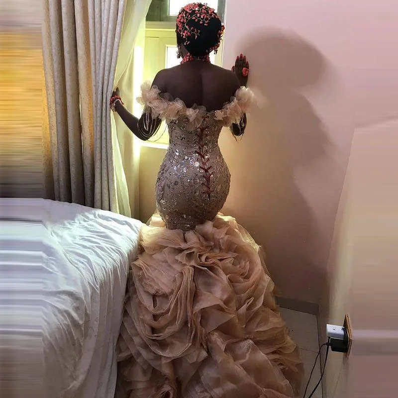 Off Shoulder Aso Ebi Mermaid Evening Dress African Prom Dresses 2023 Sequins Tassels Tiers Organza Formal Party Gowns Plus Size