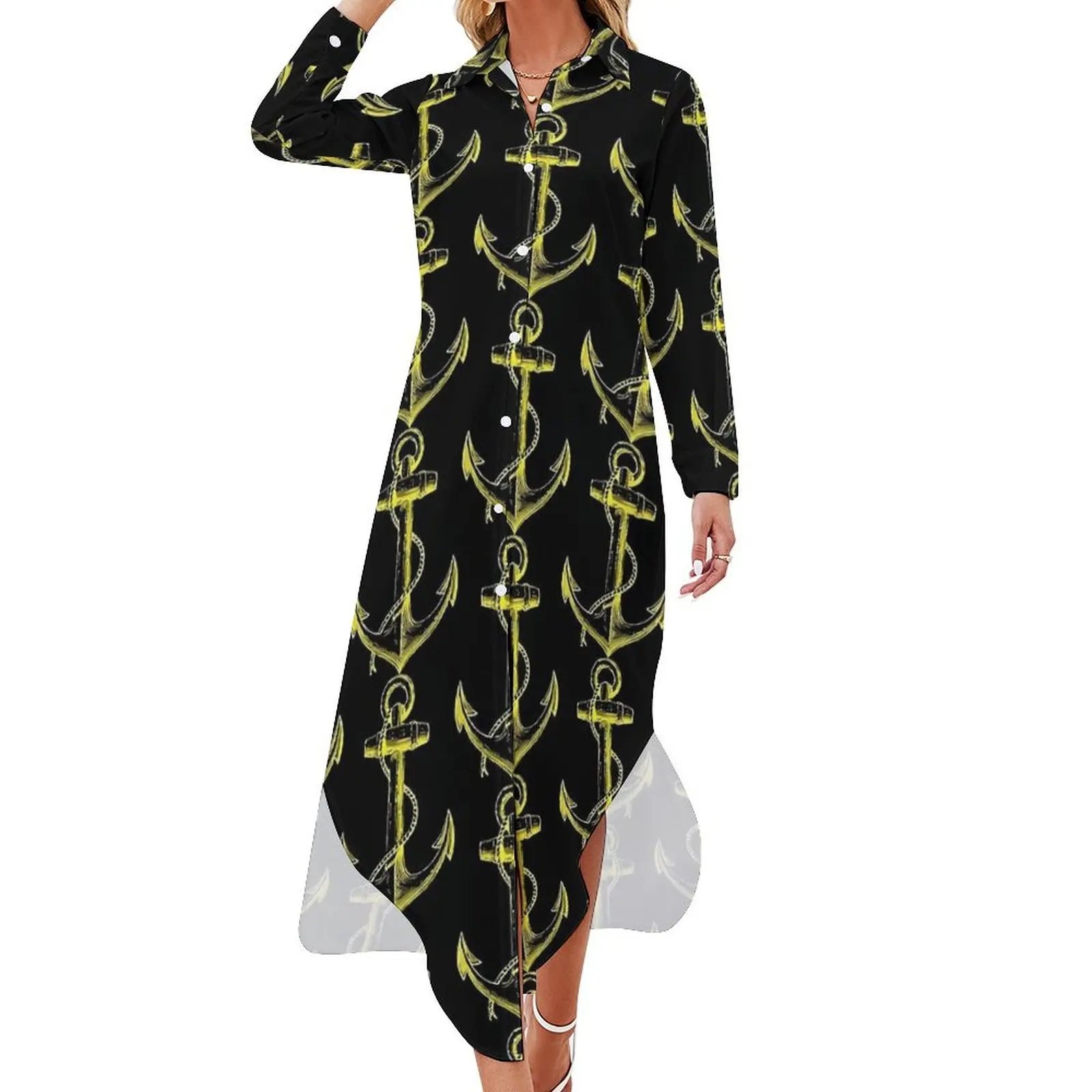 Yellow Anchor Casual Dress  Stylish Dresses Sexy V Neck Pretty Chiffon Dress Long Sleeve Vestido 4XL 5XL 6XL