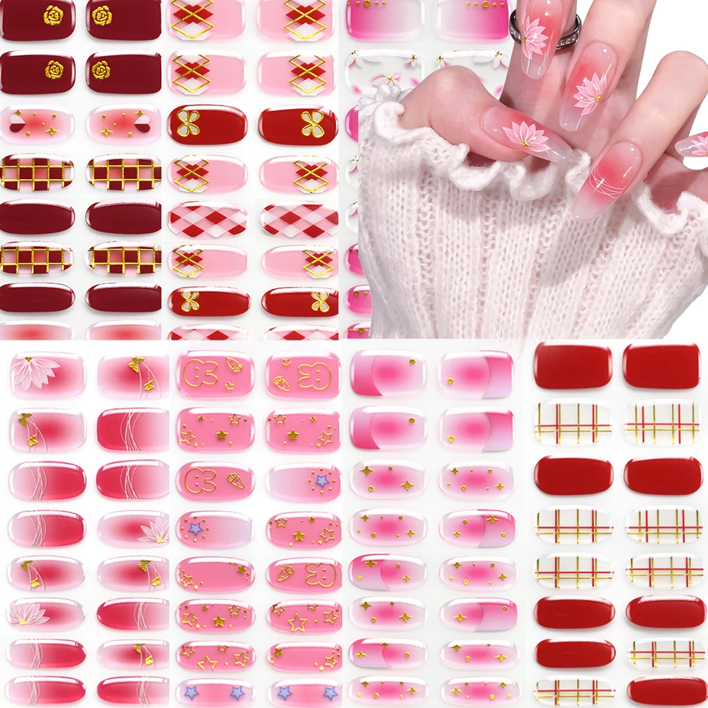 16Tips Baking-Free Gradient Blusher Pink Nail Art Strips Bronzing Gold Rabbit&Star&Butterfly&Plaid Nail Wraps Full Cover Decal