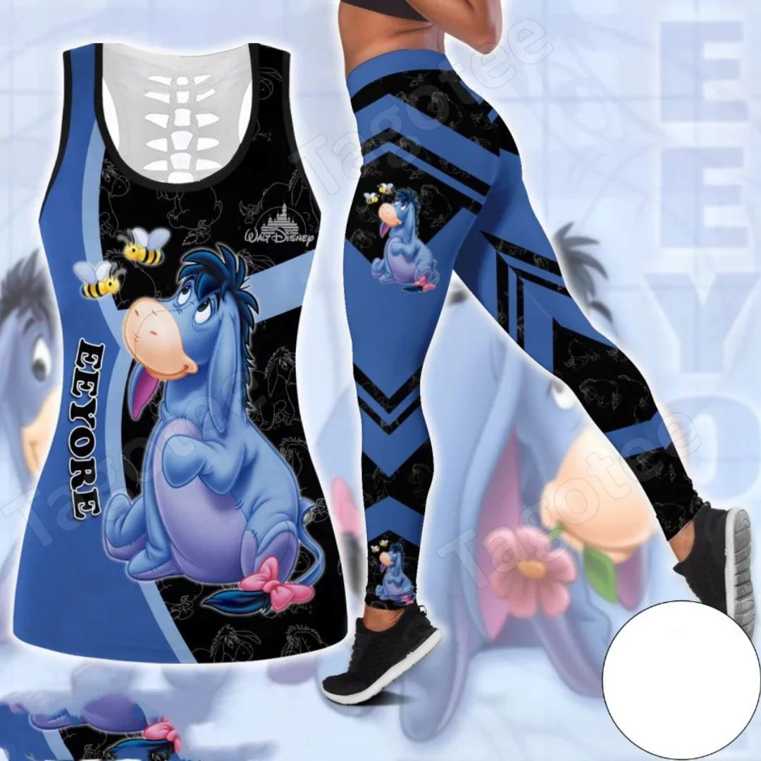 Disney Eeyore Women's Hollow Vest + Women's Leggings Yoga Suit Fitness Leggings Sports Suit Winnie the Pooh Tank Top Legging Set