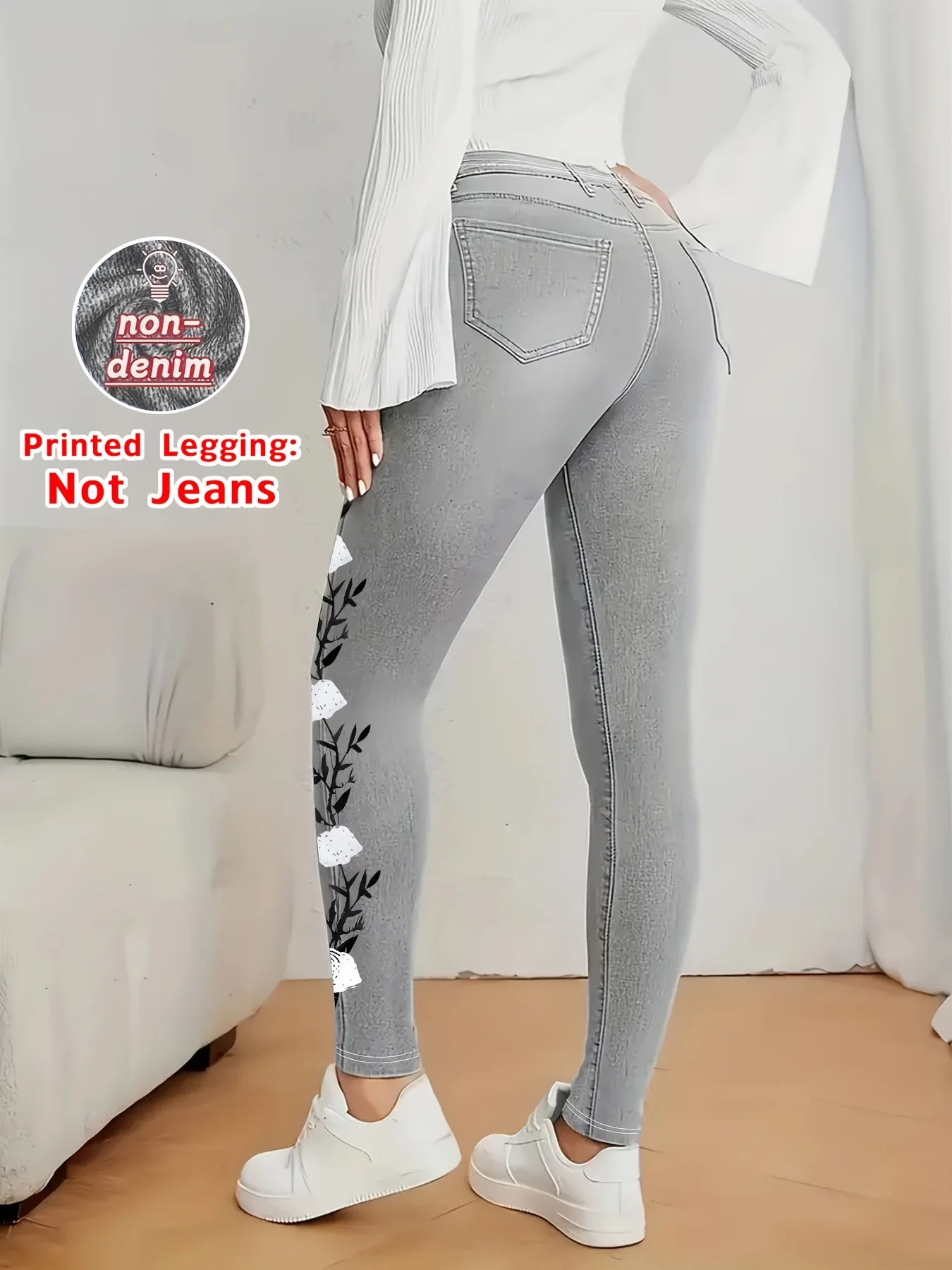 Hochgeschnittene Fake-Denim-Leggings mit Seitenblumen- und Blätterdruck, Dehnbare Slim-Fit Nicht-Denim Skinny Hose, Damen Casual Tägliche Kleidung Jeggings – Detail 3