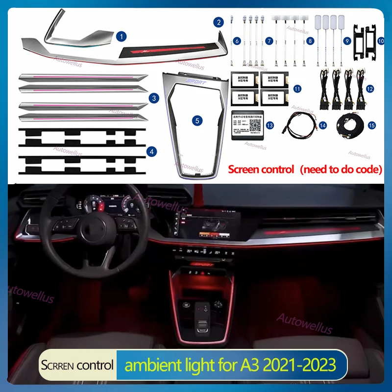 

Для Audi A3 2021 2023 30 цветов замена внутренней двери окружающий свет атмосферная лампа автомобильный интер светодиодный декоративный светильник