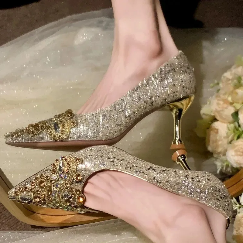Rhinestone Sequin Heels Women's Pointed Toe Shallow Mouth Non-Tired Feet Single Shoes