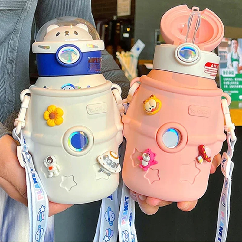 Cute Cartoon Coffee Mug Kawaii Water Bottle Children Tumbler Travel Insulation Cup Creative Vacuum Flasks Portable Straw Thermos