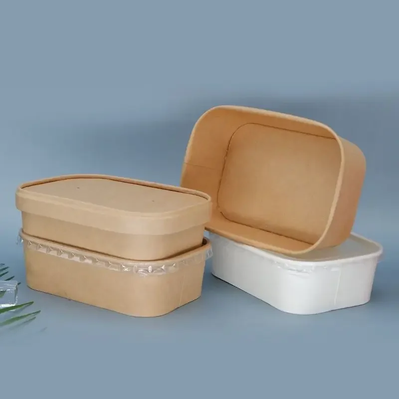 

50pcs Disposable Kraft Paper Lunch Box Rectangular Environmentally Friendly Packaging Case with Lid Microwave Heating Bento Boxs