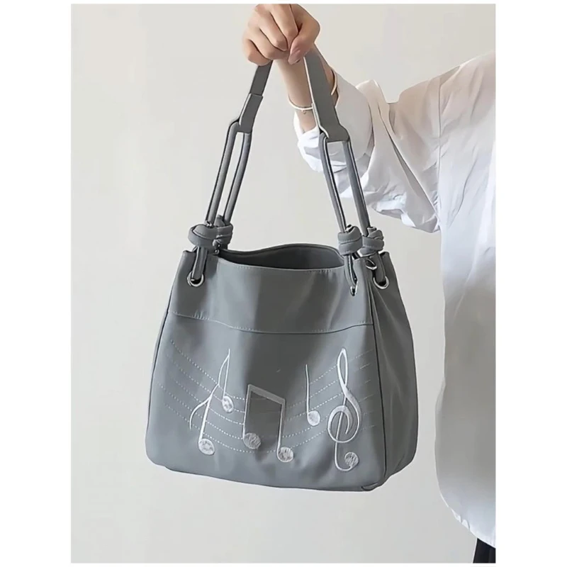 Women Casual Shoulder Bag Music Note Embroidery Design Solid Color Large Capacity Lightweight Tote Bag Daily Commute Handbag