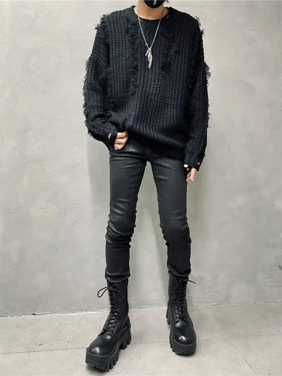 American Style Sweater Streetwear Trendy Unique Stitching Ripped Sweater Coat Designer Pullover Couple Casual y2k Top