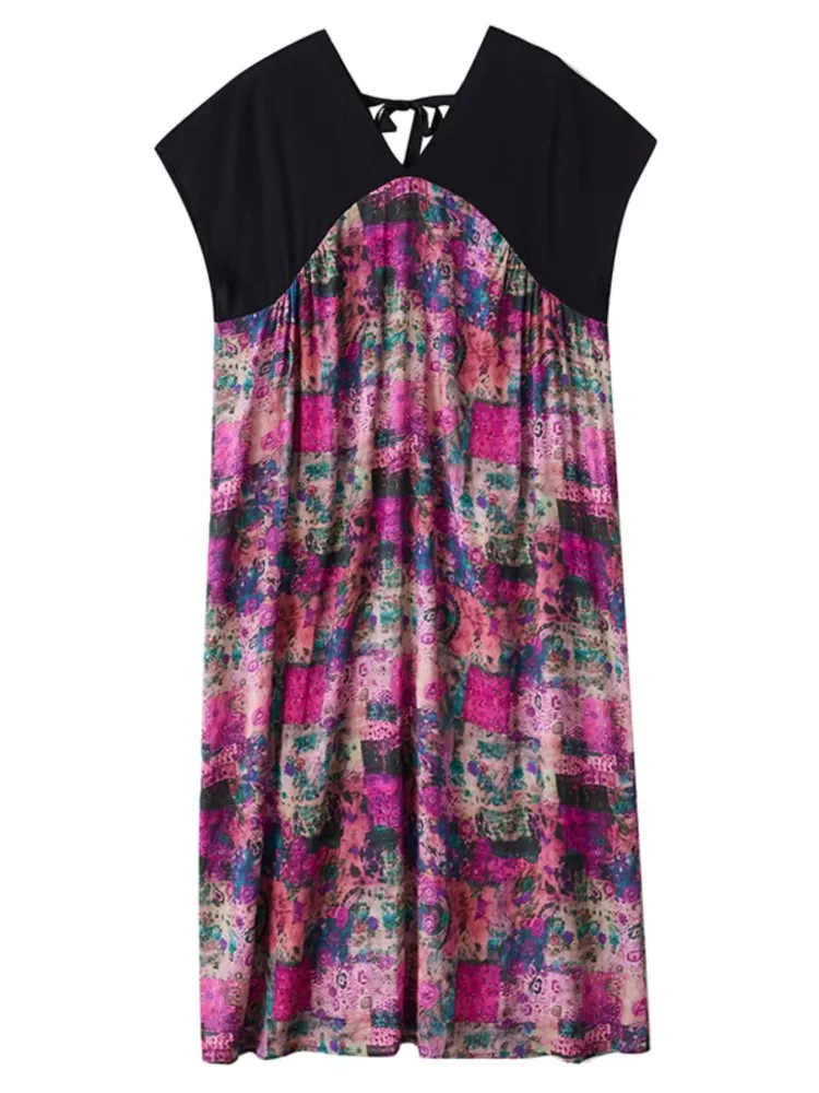 特大夏の V ネックドレス女性花花柄パッチワークファッションフリルルーズレディースドレス A ラインカジュアル女性ドレス