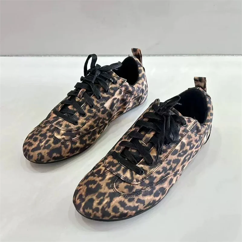 TRAF Leopard Print Flat Shoes For Woman  Versatile Round Head Shoelace Sports Shoes  Woman's Casual Animal Print Chic Sneakers