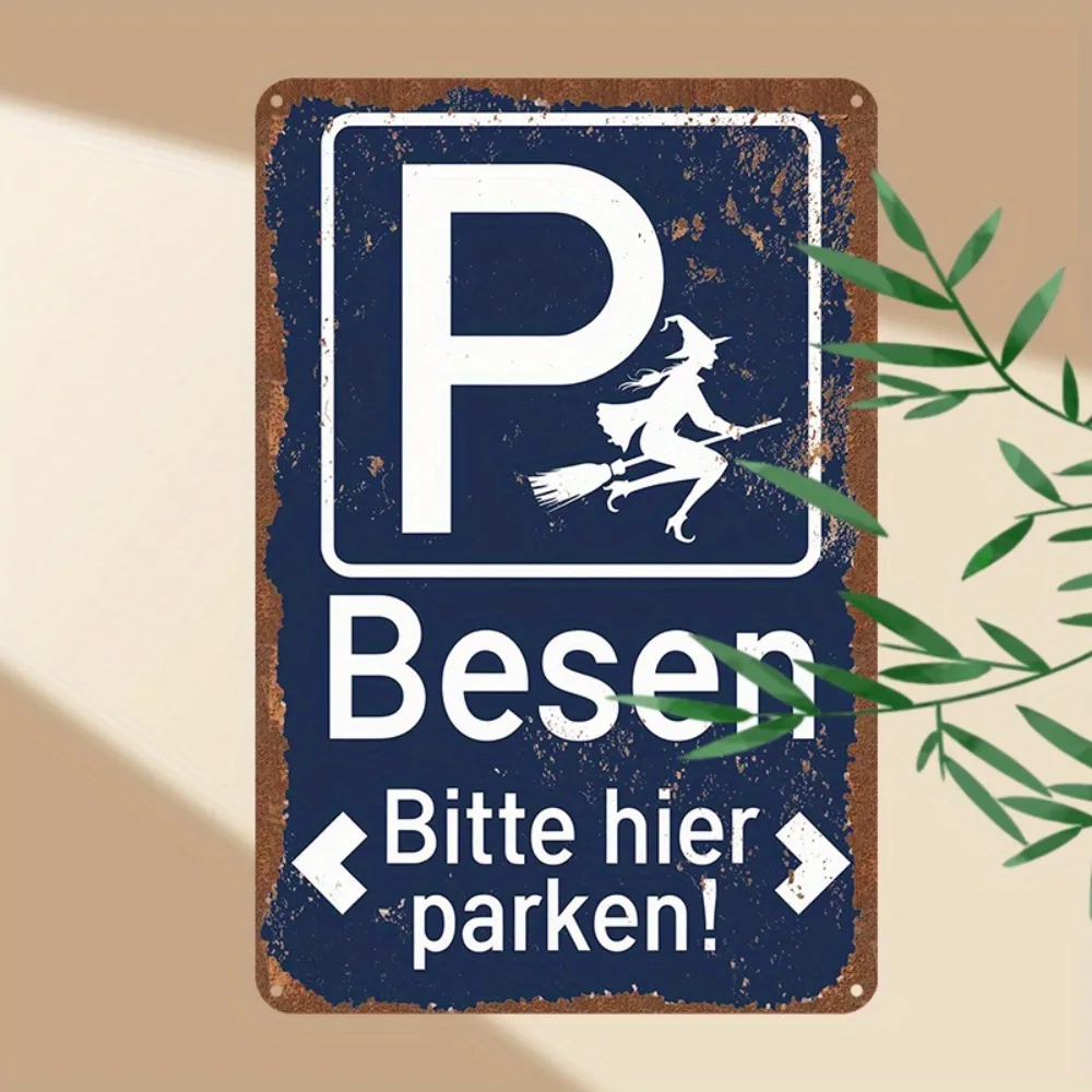 Image of Vintage Hexenbesen-Parkschild – 30,5 x 20,3 cm große Retro-Metallkunst, humorvolles „Bite Me“-Design, Heim-Bar-Dekoration, Weihnachtsgeschenk