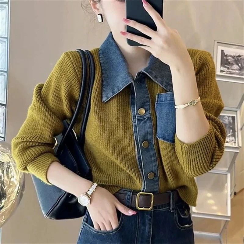 2024 Spring Autumn New Retro Denim Stitching Pocket Sweater Cardigan Jacket Women's Casual High-End Sweater Coat Female Tops