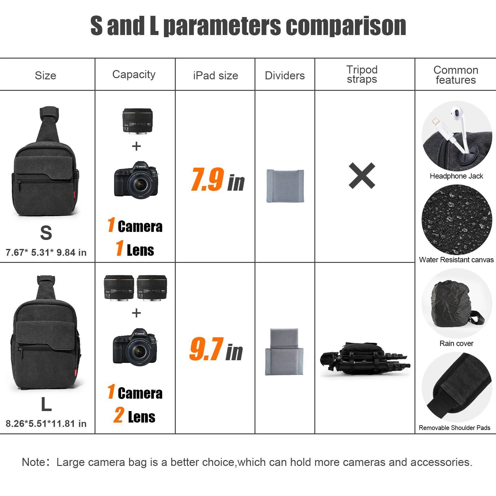حقيبة حبال الكاميرا حقيبة كاميرا صغيرة قماش مقاوم للماء حقيبة كروس للكاميرا لكانون نيكون سوني DSLR عدسة الكاميرا والملحقات