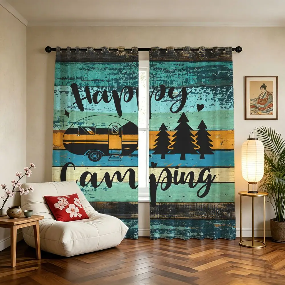 2 Panels Camping Printed Curtains Rustic Wood Plank Pattern Light Blocking Drapes For Bedroom Living Room Window Decor