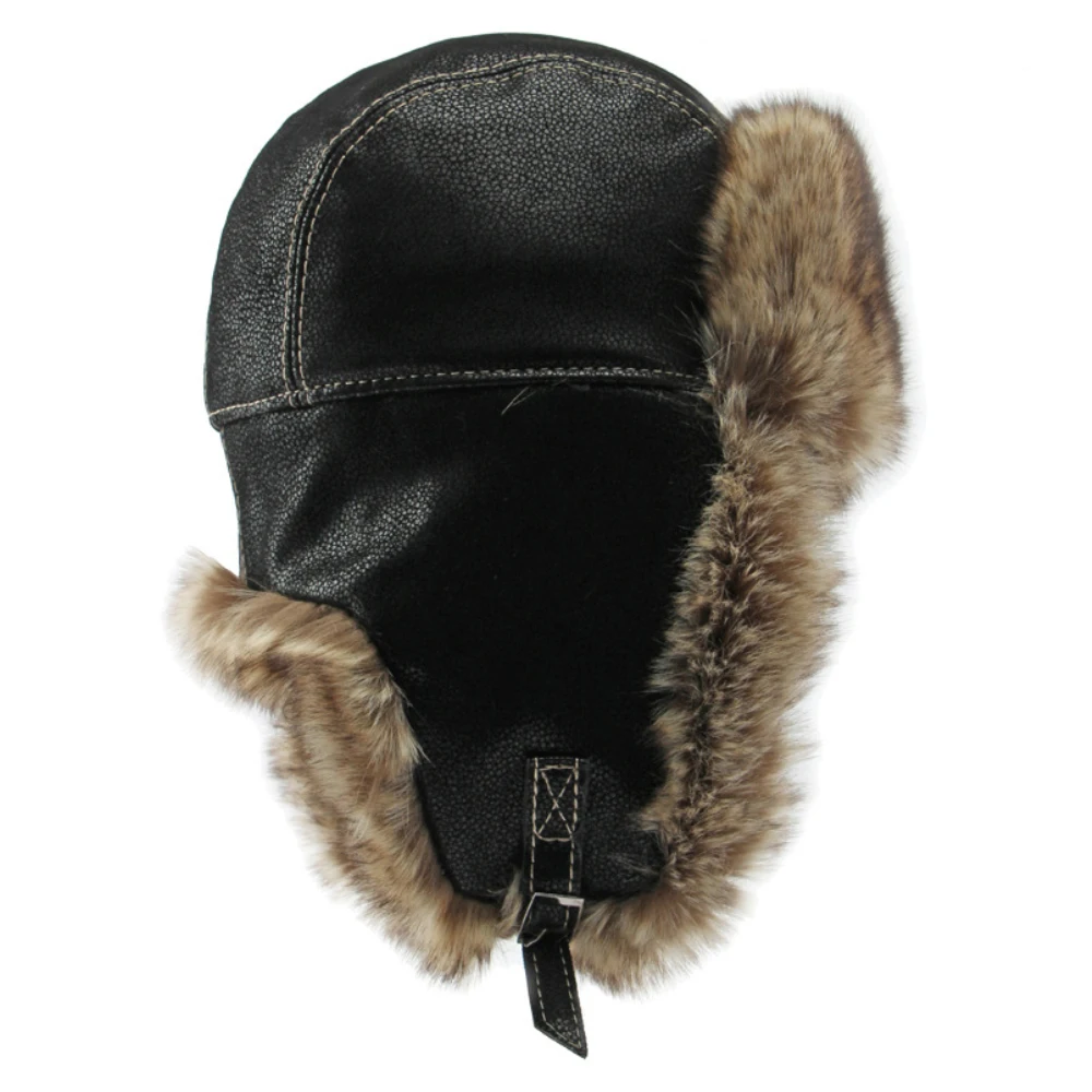 HT4241 Bomber Hat New Thick Warm Men Women Russian Fur Hat Male Windproof PU Leather Ski Trapper Earflap Cap Winter Hat Ushanka