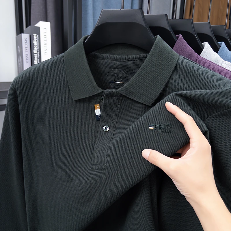 تي شيرت رجالي بأكمام طويلة 2025 خريف جديد تي شيرت رجالي بأكمام طويلة وياقة مقلوبة قميص بولو غير رسمي