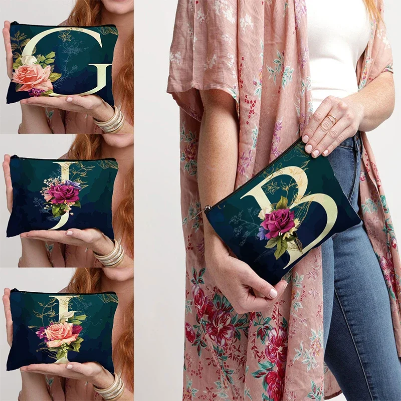 Bolsa de maquillaje con letras elegantes, bolsa de cosméticos para dama de honor, regalos para ella, bolsa de aseo de maquillaje inicial personalizada, propuesta de dama de honor