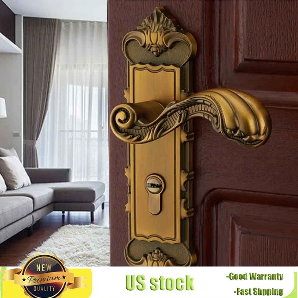 Bymaocar Security Entry Lever Door Lock Set Classic European-style Dual Knob Yellow Bronze Handle Lockset with Keys High Quality