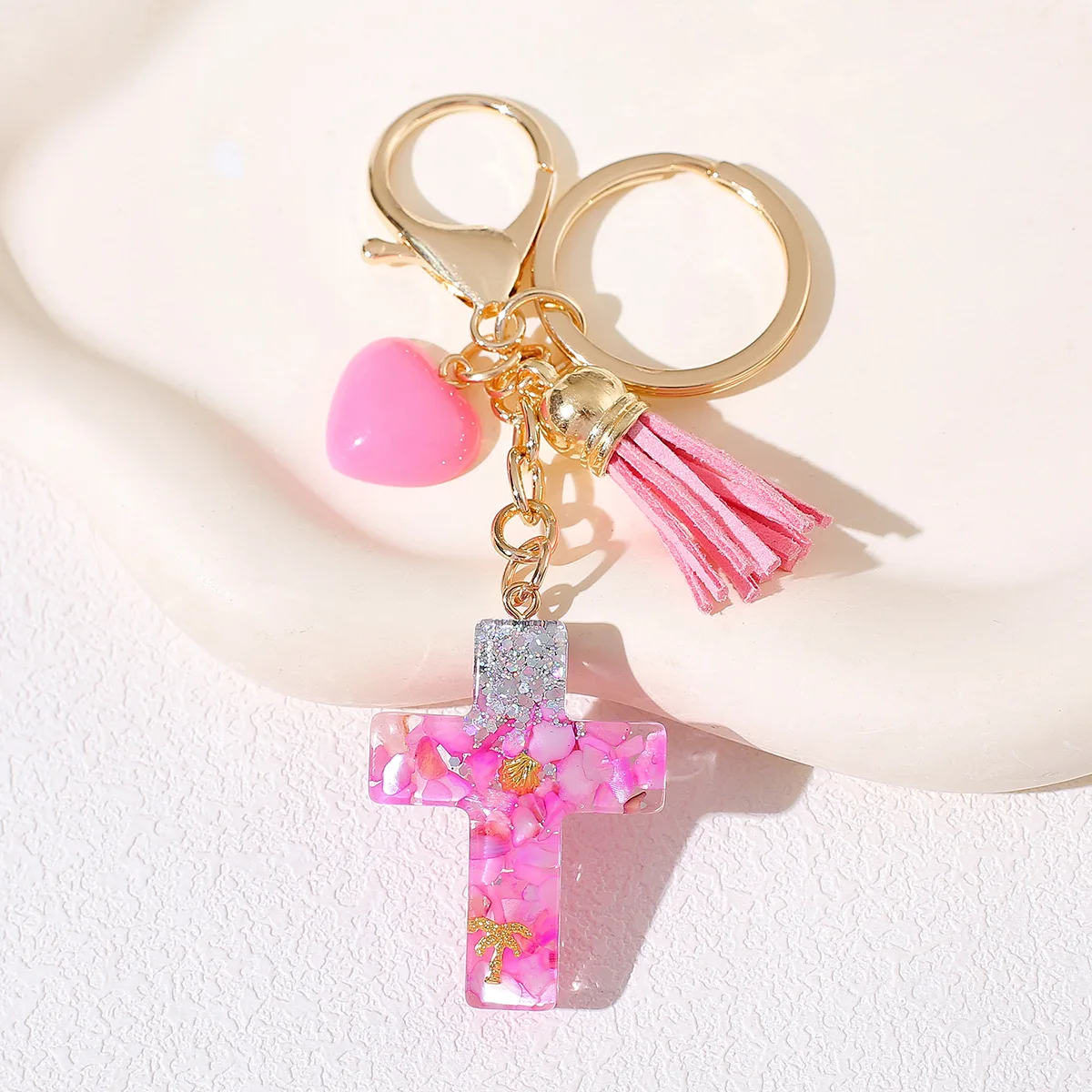 8pcs/set Sequin Filled Cross Keychain Crystal Resin Butterfly Tassels Keyring Unisex Car Key Holder Trinkets Women Party Jewelry