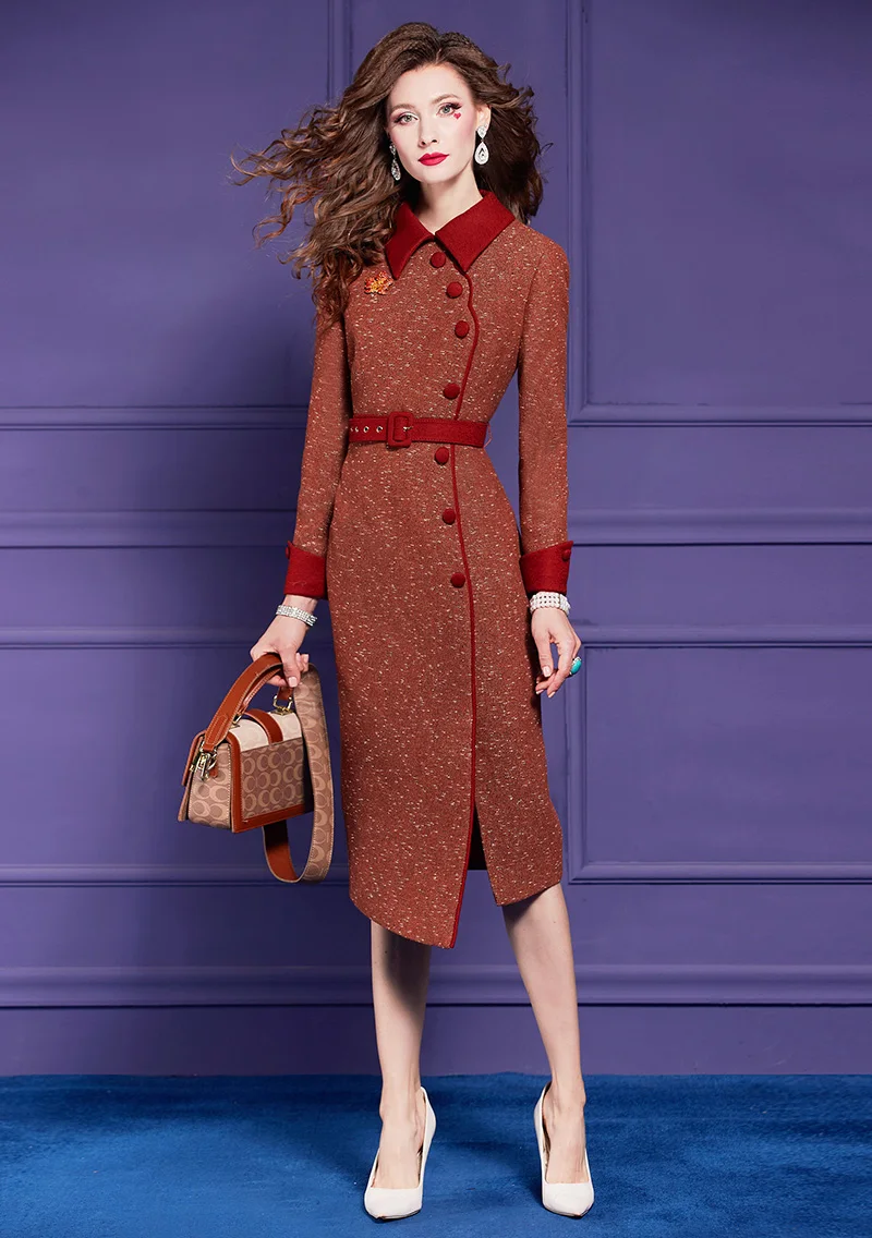 ZJYT Autumn Winter Women\'s Woolen Dress Party Long Sleeve Elegant Chic Vintage Straight Midi Dresses Plus Size Female Vestidos