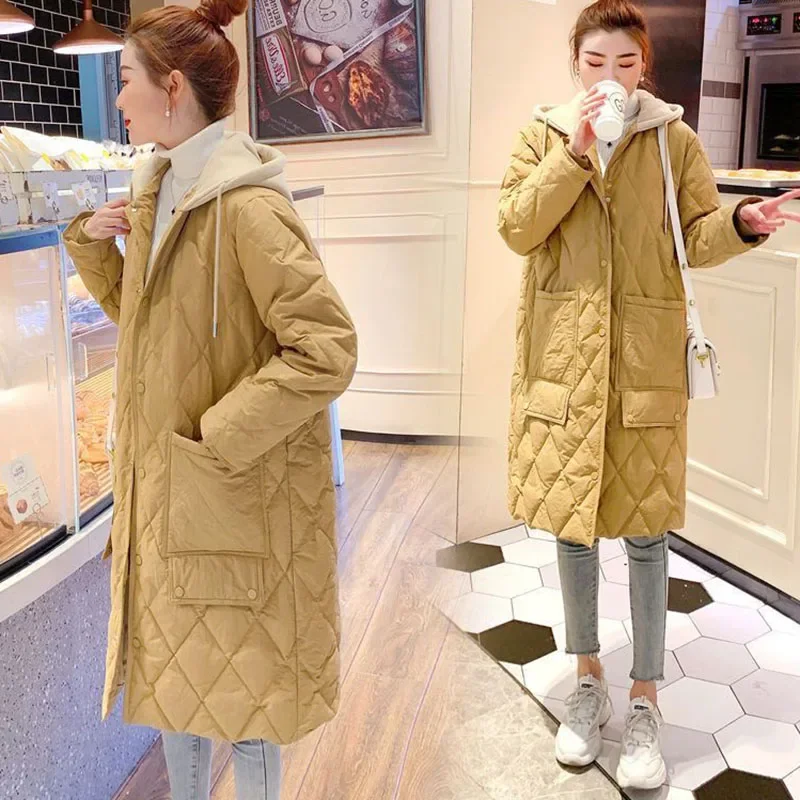 Autumn Women's Diamond Check Down Cotton Coat Long Hooded Parker Overcoat Oversized Female Loose Casual Padded Jacket A315