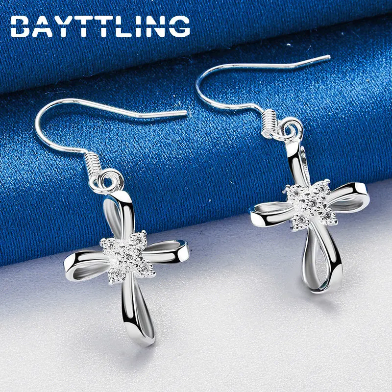 

Luxury 925 Sterling Silver 20MM Simple Shiny Zircon Cross Earrings Fashion Woman Charm Party Girlfriend Gift Jewelry Accessories