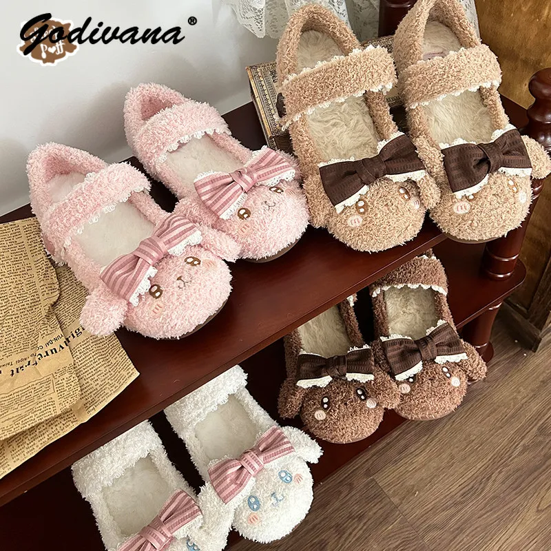 Autumn Winter Lolita Women Teddy Plush Mary Jane Flat Shoes Velcro Strap Soft Sole Kawaii Warm Casual Girls Single Shoes