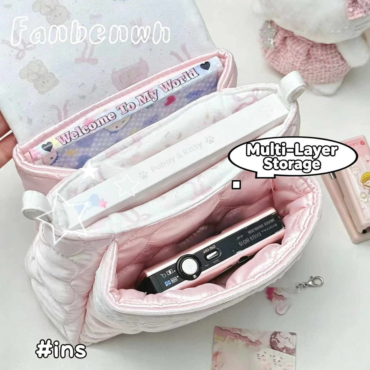 Koreanischer Stil, niedlicher weicher Bär mit Herz, handgefertigte dreilagige Aufbewahrungstasche, Instagram-Stil, dekorative Tasche, DIY-Aufbewahrungstasche, Federmäppchen – Detail 3