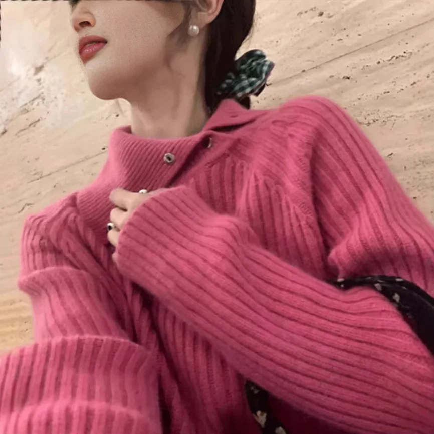 

Fashion Korean Solid Color Atmosphere Lapel Sweater Women's Season Sweater Women's Waxy Knitted Sweater Lapel Bottom Top 2025 Sp