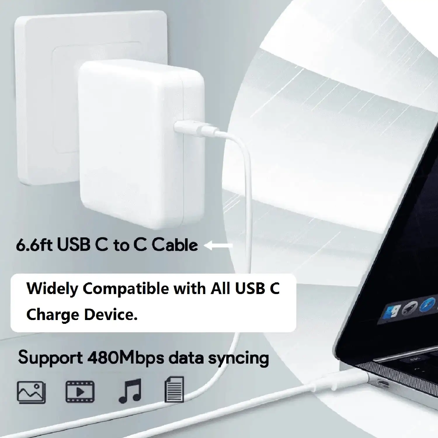 شاحن كمبيوتر محمول سريع USB C بقدرة 96 وات متوافق مع جميع أجهزة شحن USB C، يشمل كابل شحن بطول 2 متر