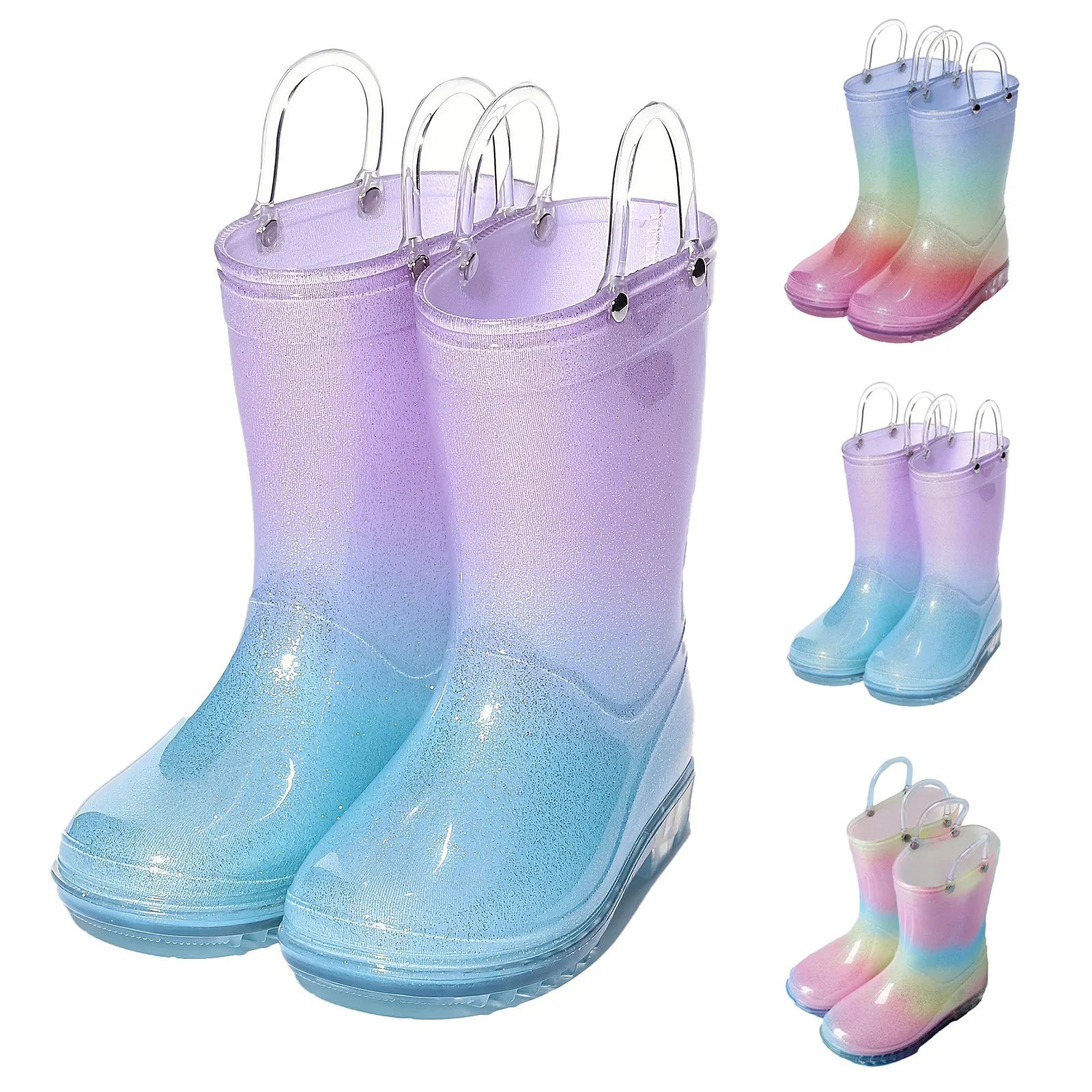 Kids Rainbow Rain Boots Clear Round Toe Flat Pull on Mid Calf Boot Luxury Designer WaterProof Jelly Soles Girls  Shoes